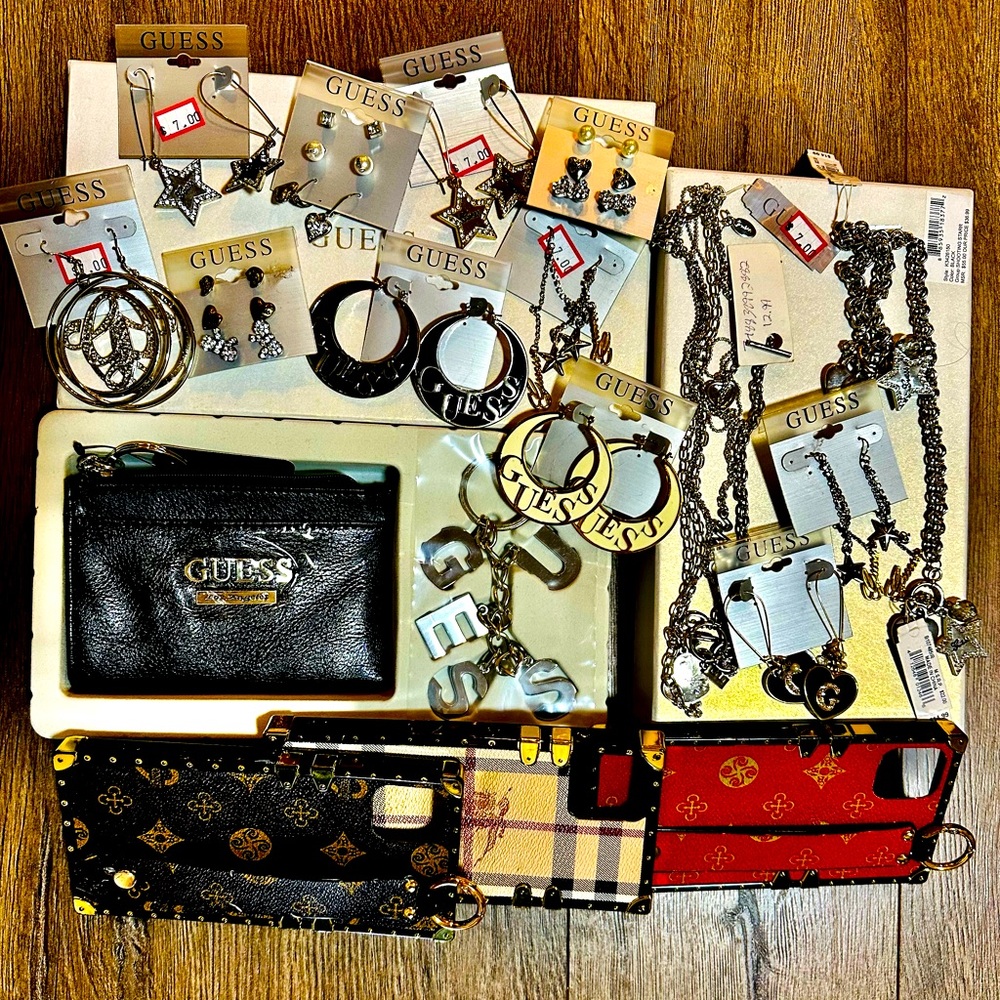 iPhone pro max case, Guess earrings, bracelets, and guess wallet